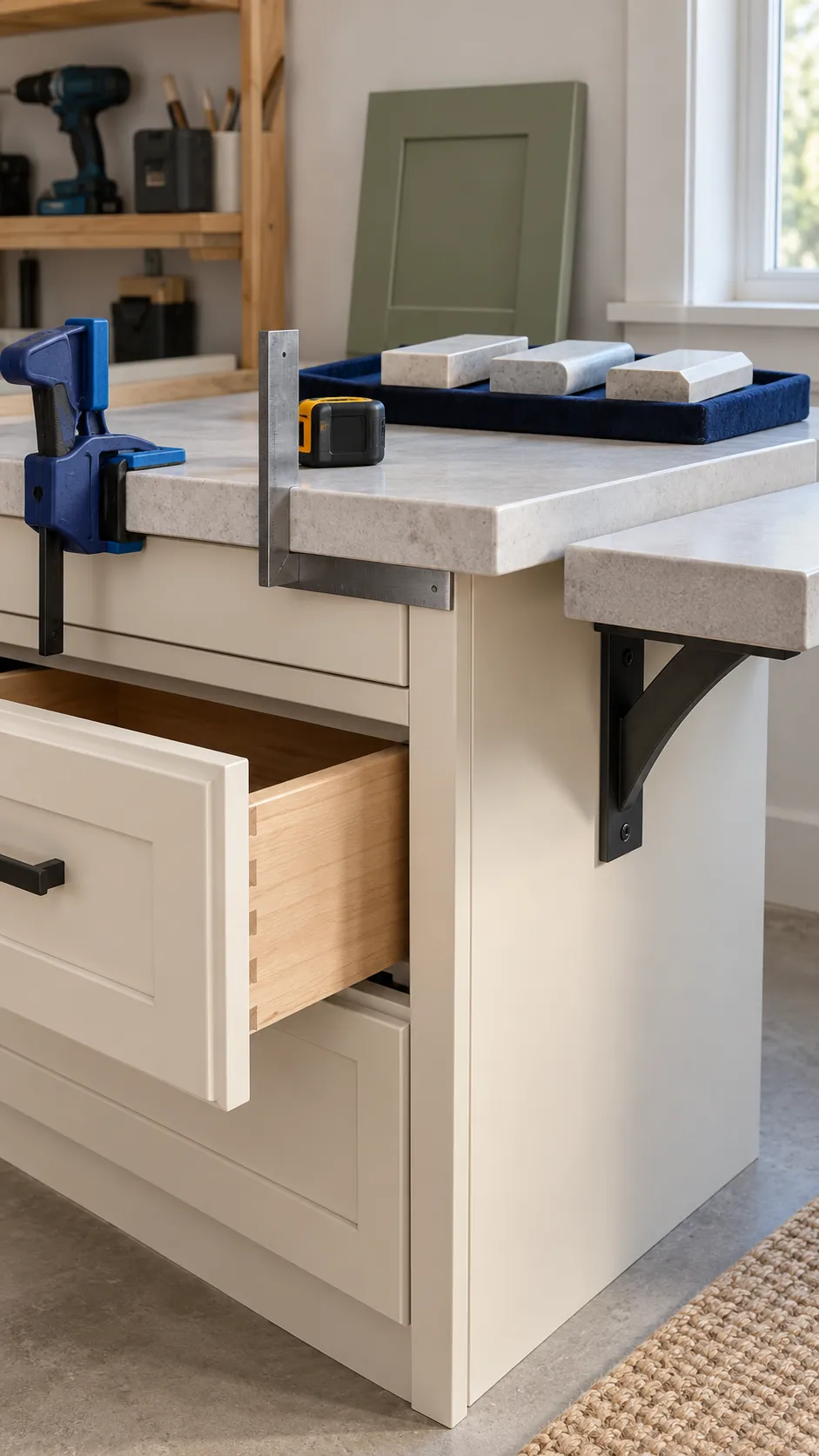 Countertop overhang and edge profile measured above cabinet doors