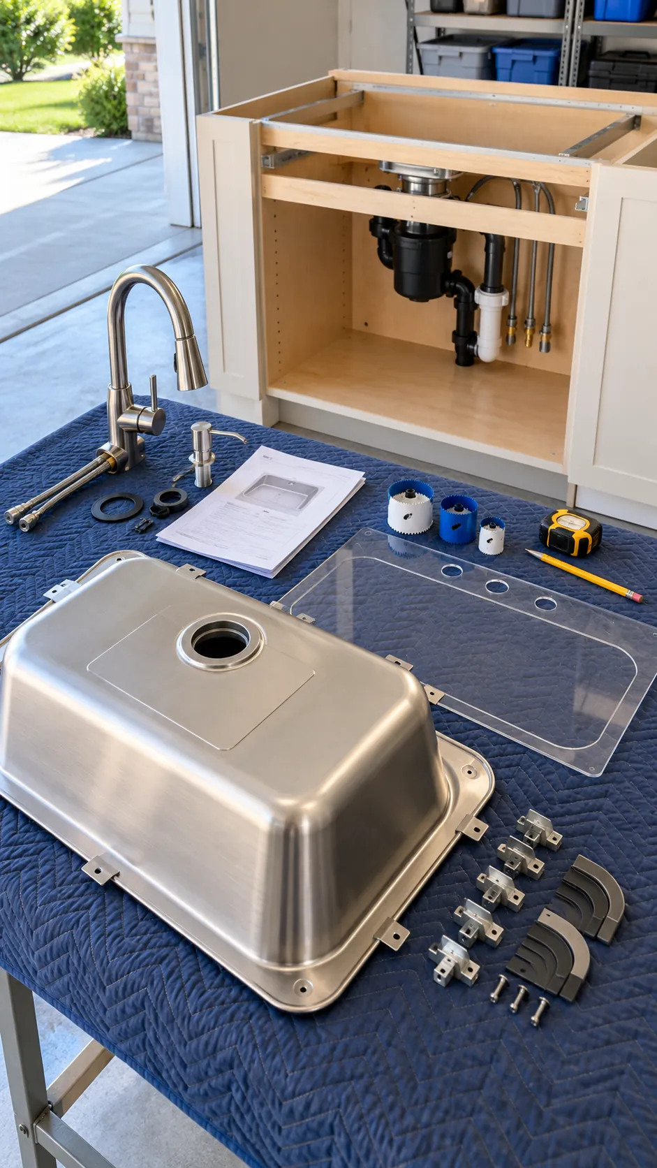 Sink template faucet holes and cabinet clearance checked for a new counter