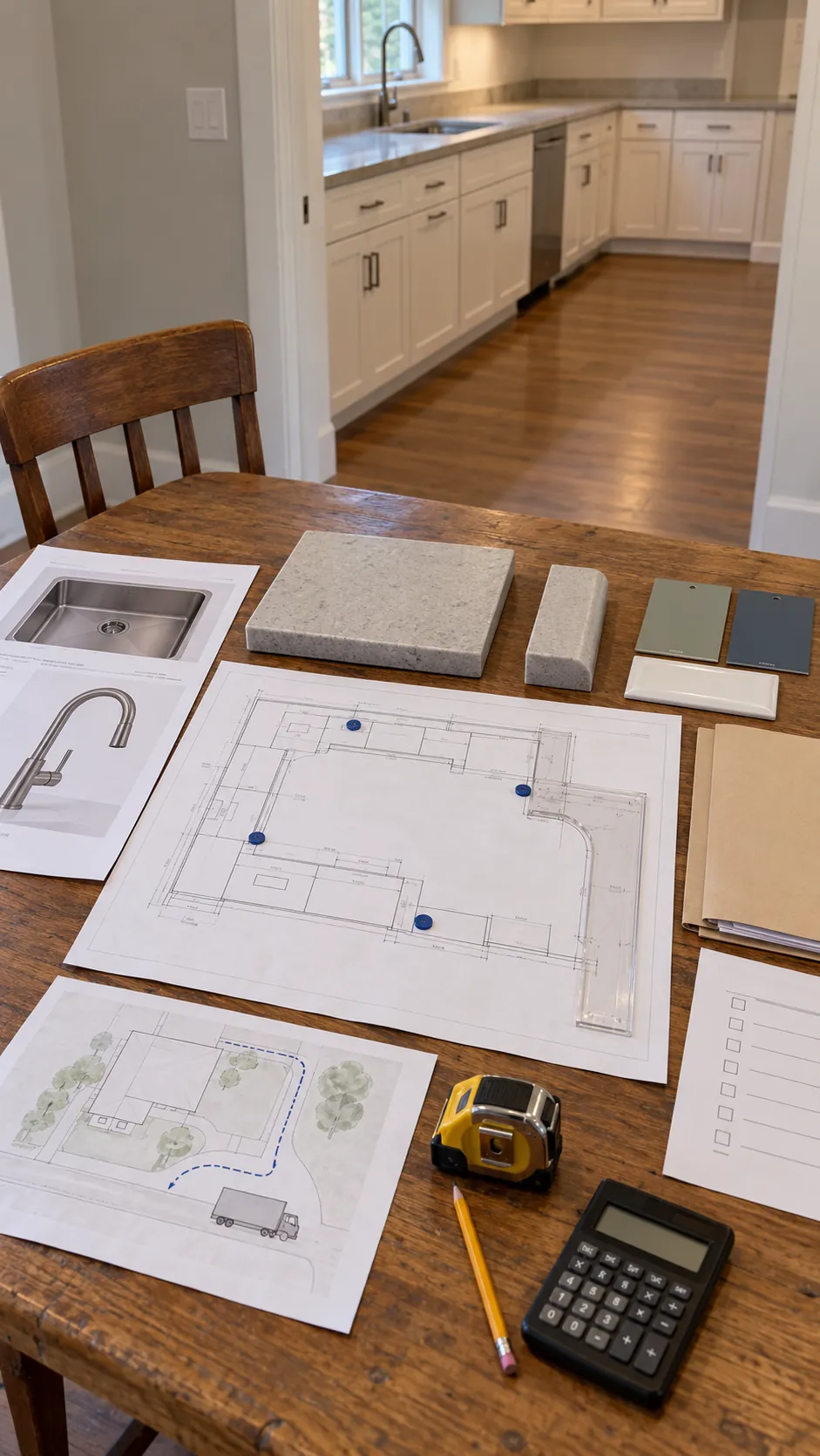 Final countertop order drawing samples and delivery route reviewed together