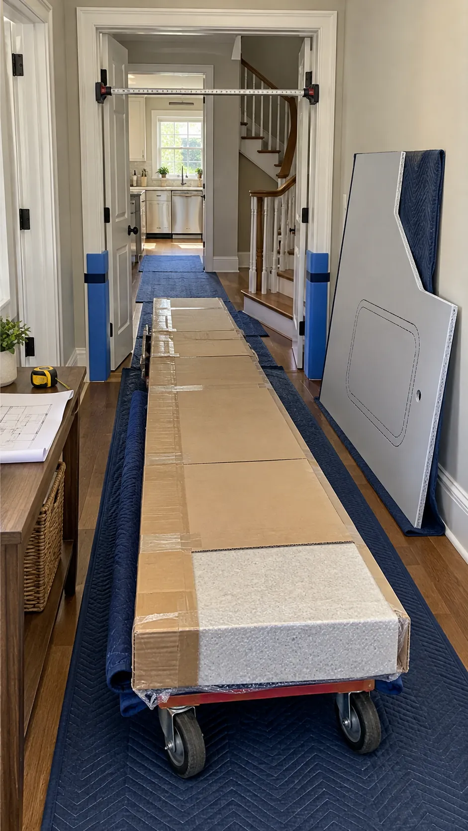 Prefab and custom counter sections checked against doorway access