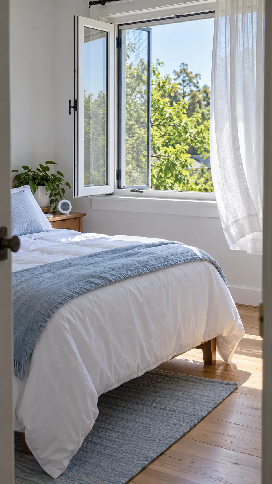 Bright spring room with an open window and freshly washed textiles