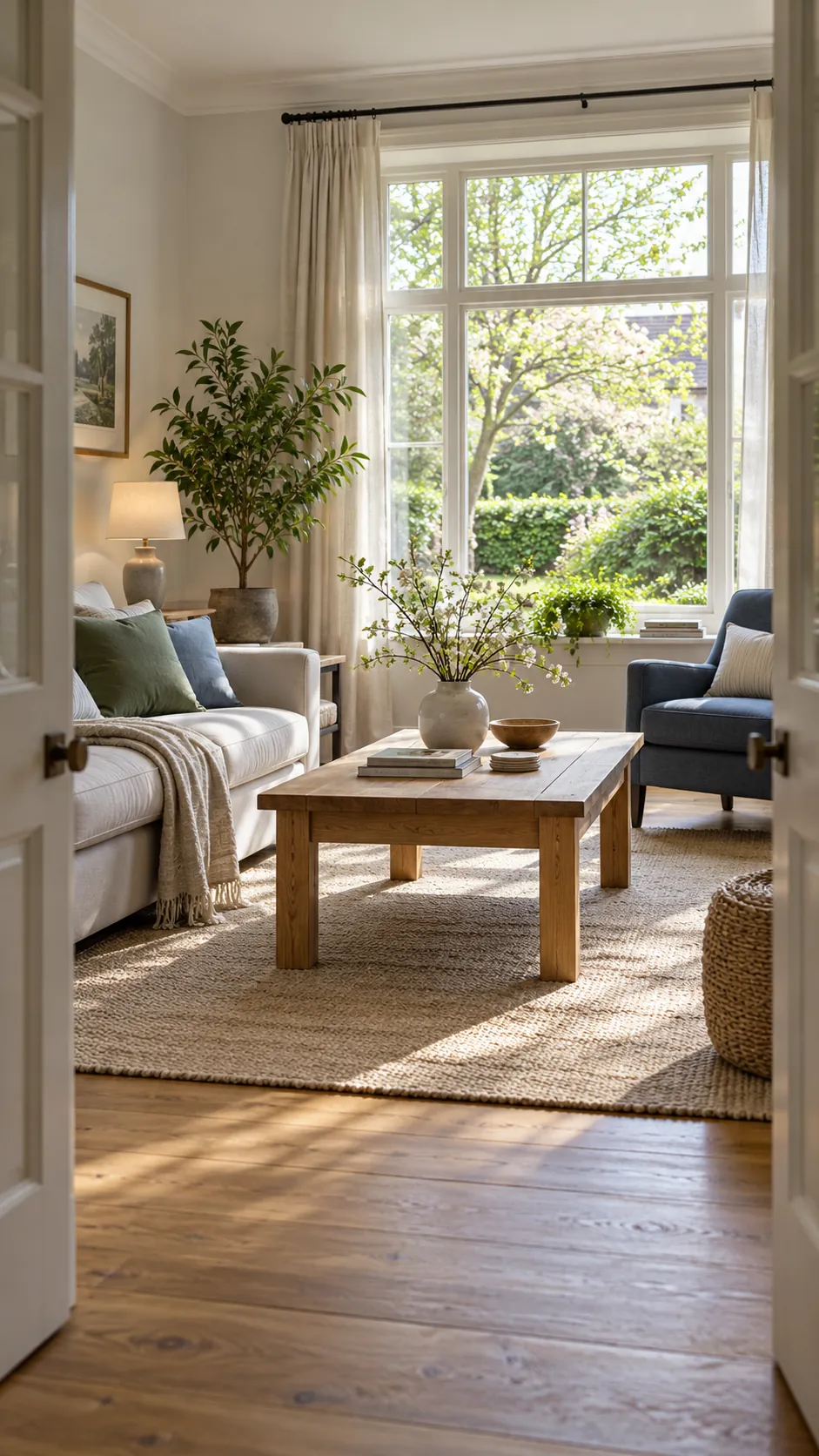 Fresh spring living room with open light, flowers, and lighter textures