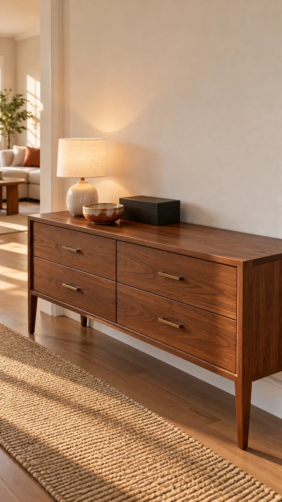 Calm console surface with restrained spring decor and closed storage