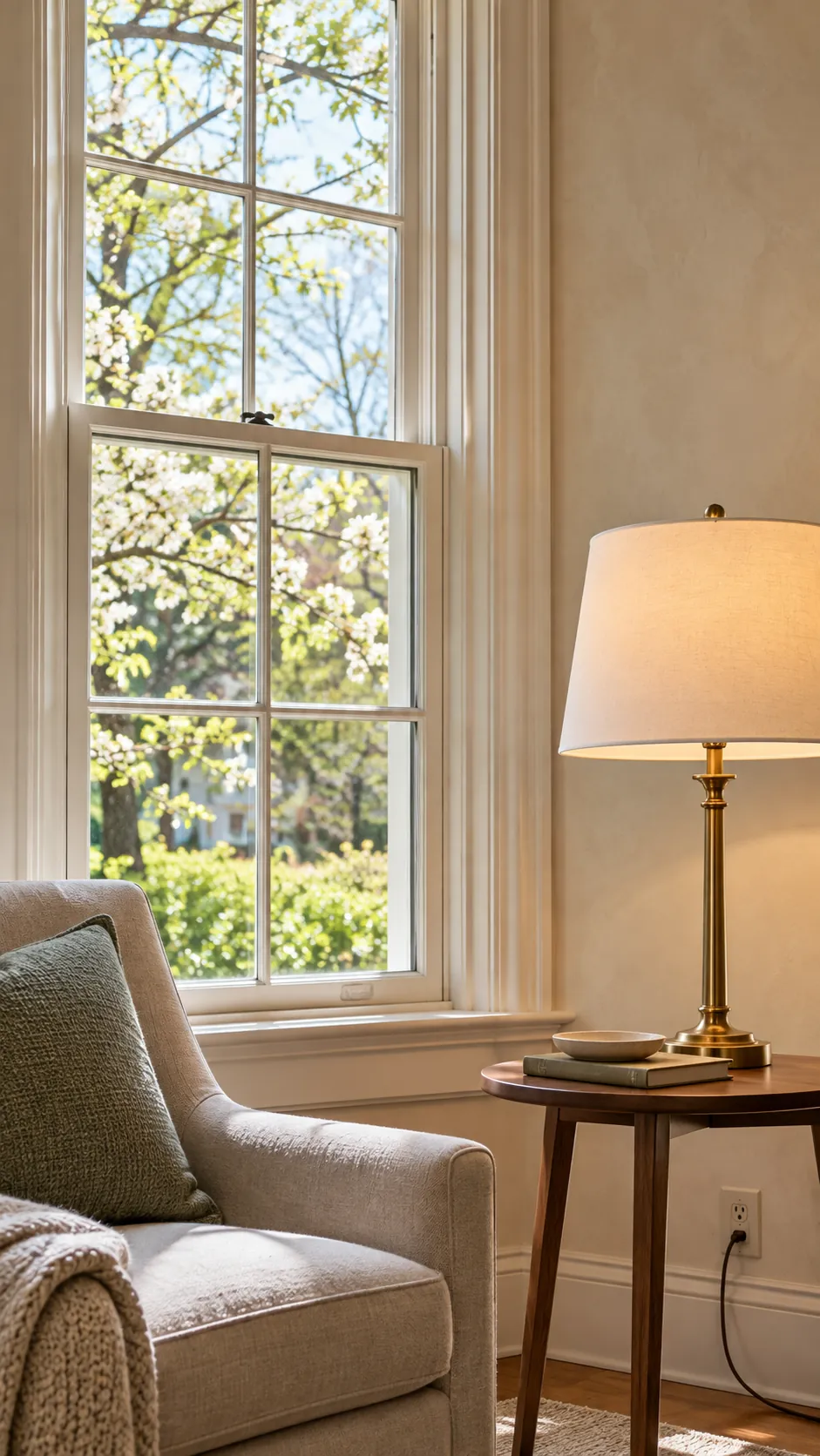 Clean window and simple lamp brightening a spring living room