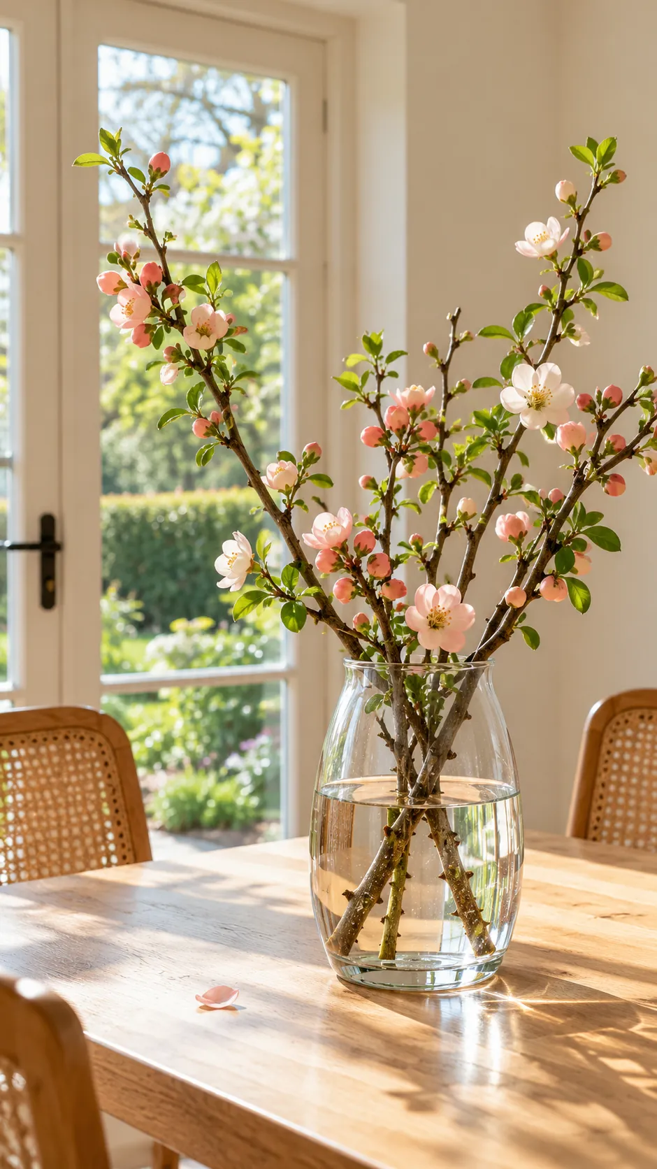 Simple vase of fresh spring branches on a dining table