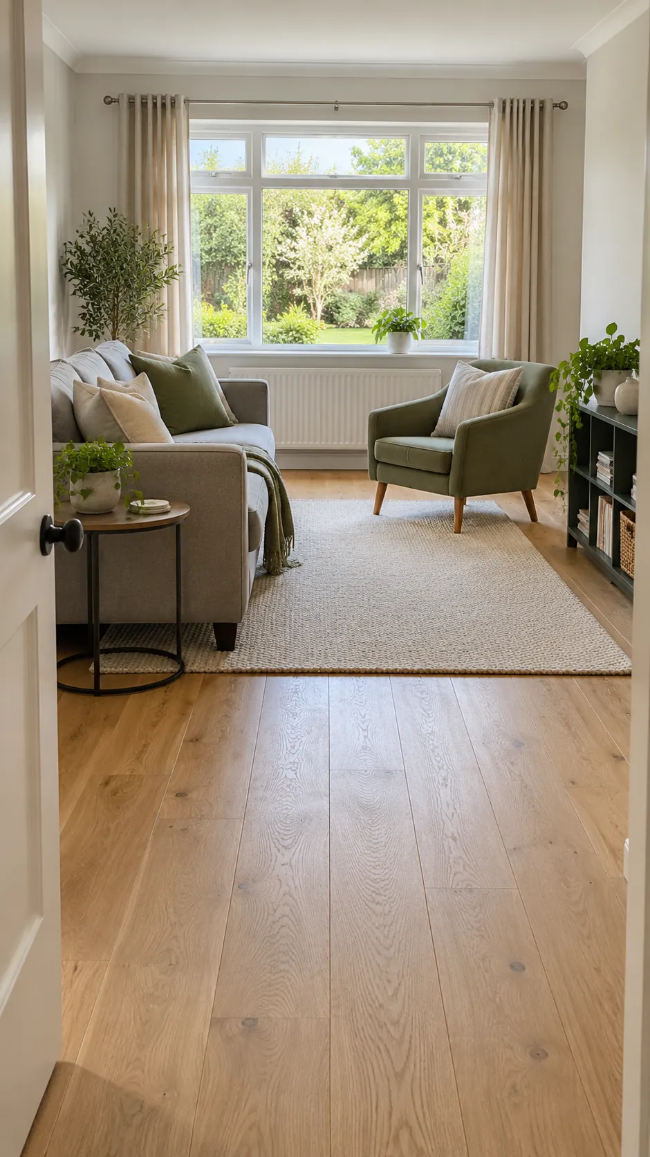 Spring living room with a clear walkway and conversational furniture layout