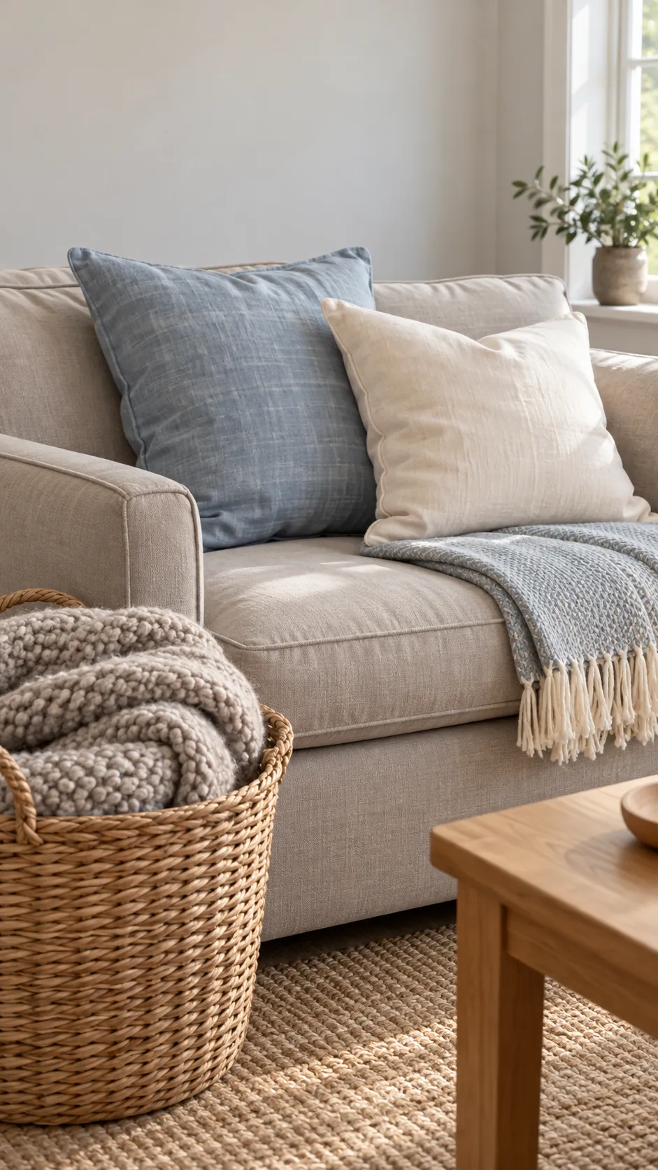 Sofa refreshed with light linen and cotton textures for spring