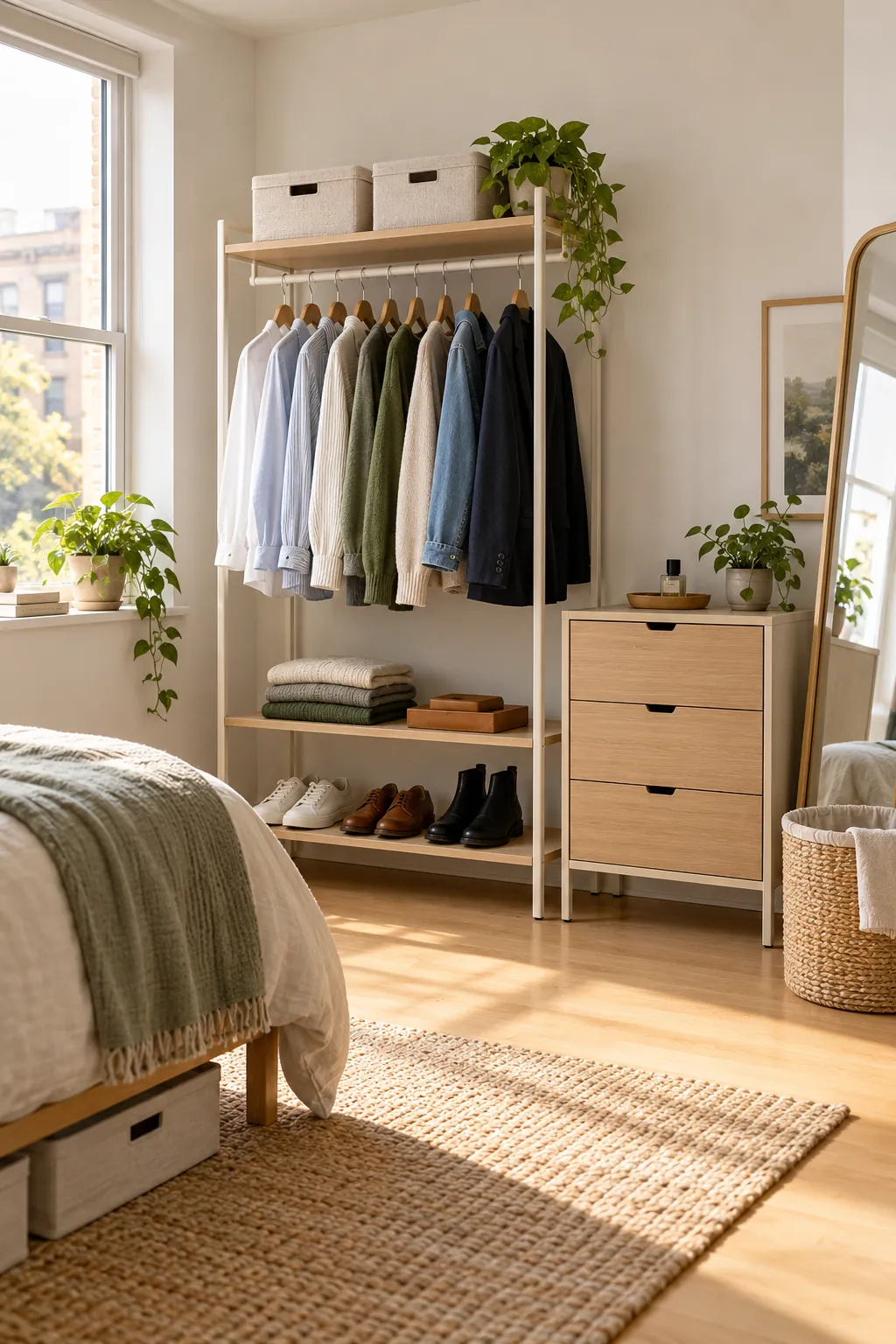 Organized freestanding clothes storage in a small apartment bedroom
