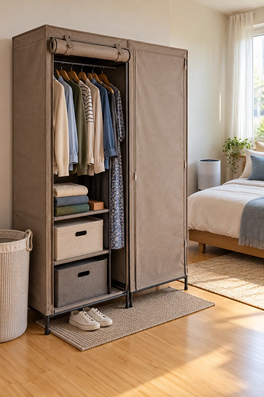 Breathable covered portable wardrobe in a small renter bedroom