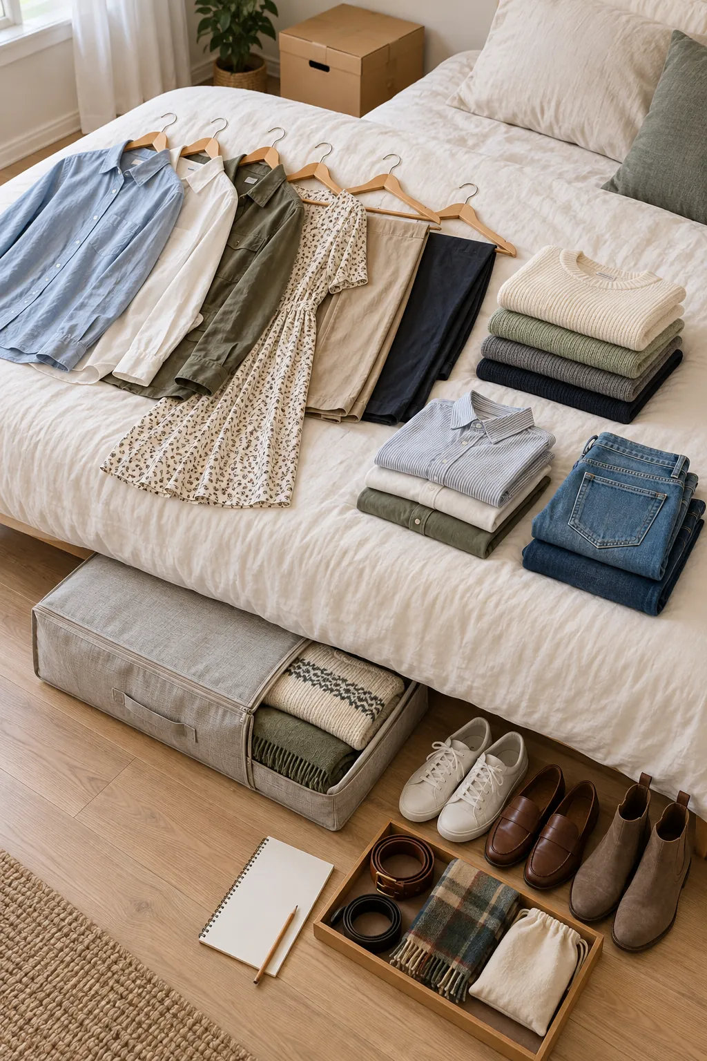 Clothes sorted by hanging folded shoe and seasonal storage needs