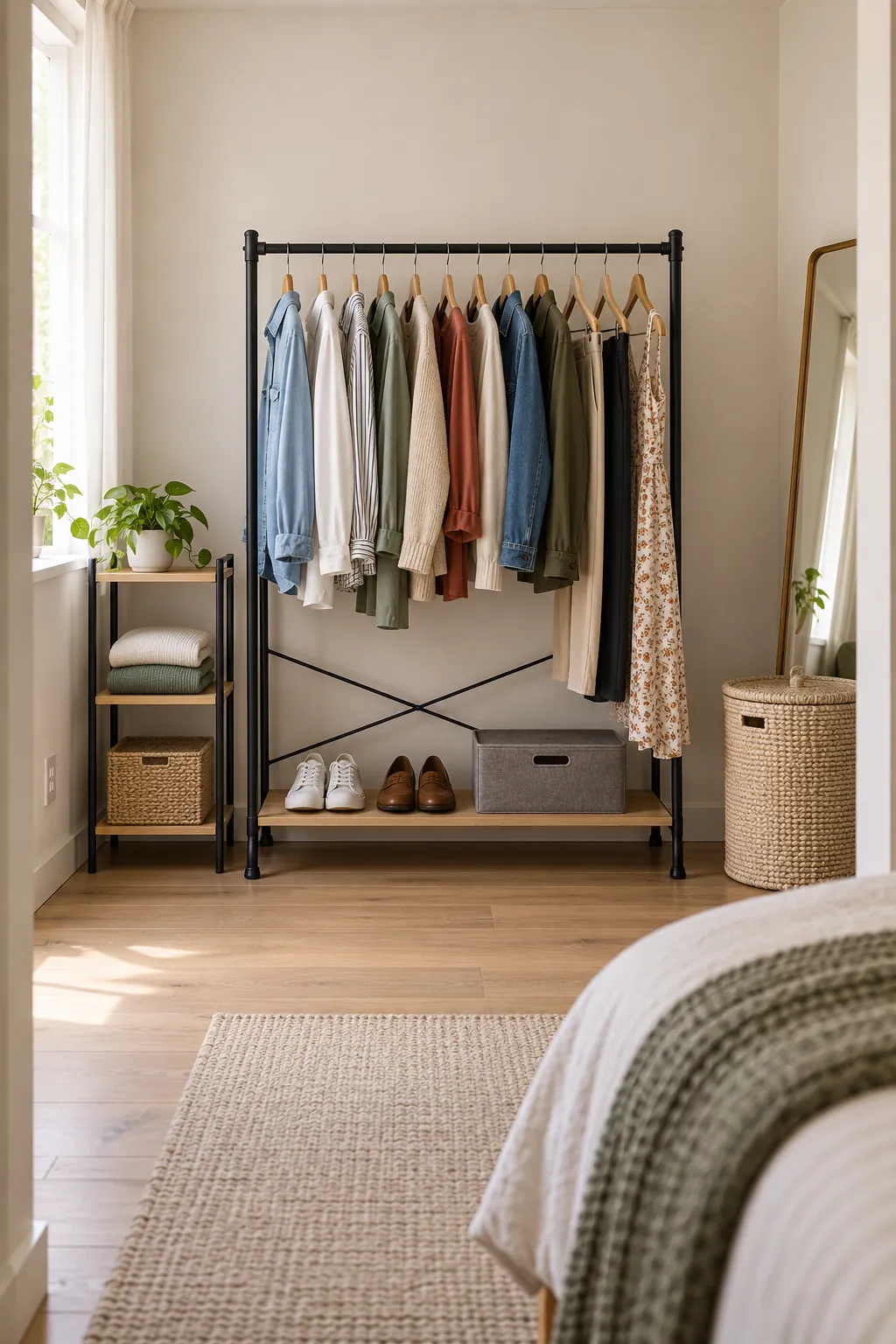 Narrow open clothing rack with a small daily wardrobe