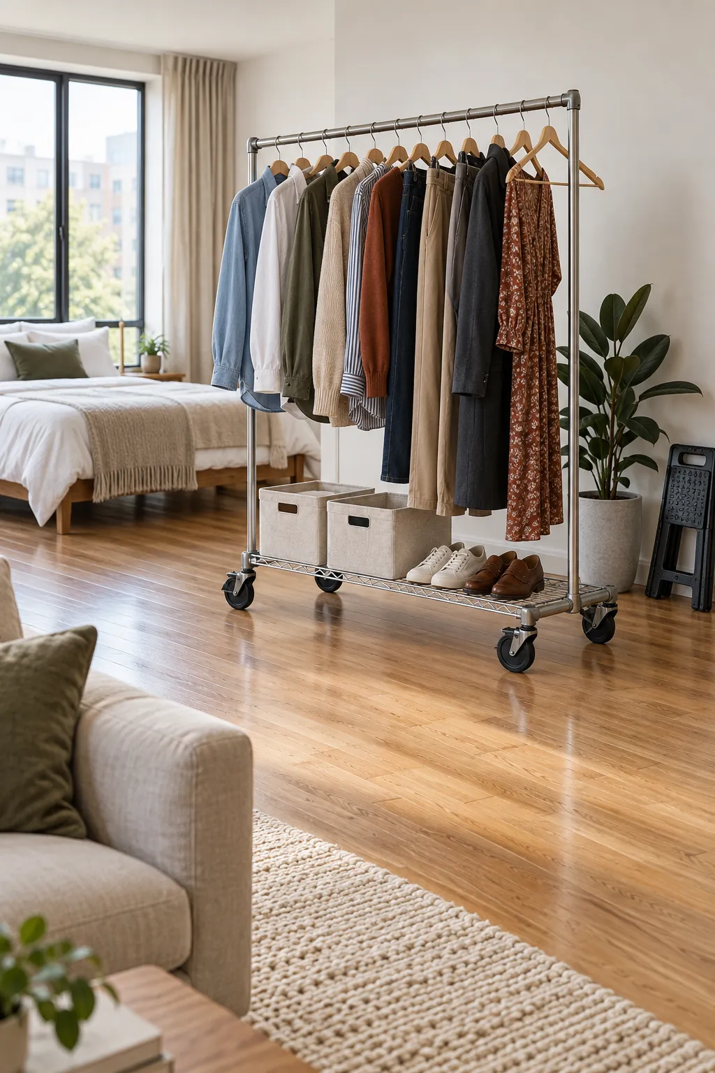 Rolling garment rack with locked casters in a studio apartment