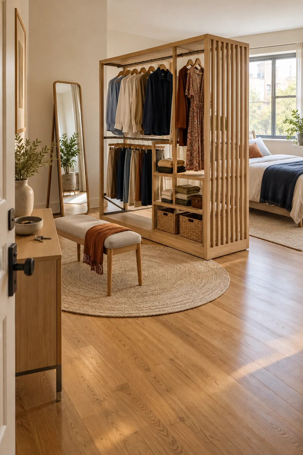 Freestanding open wardrobe defining a dressing zone in a studio