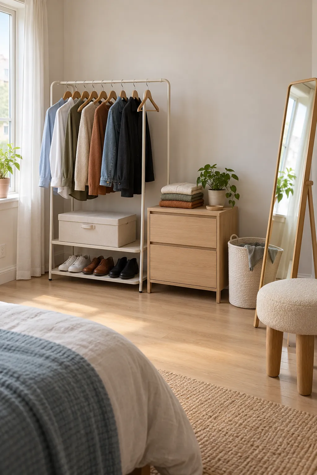 Complete no drill clothing storage system in a small bedroom