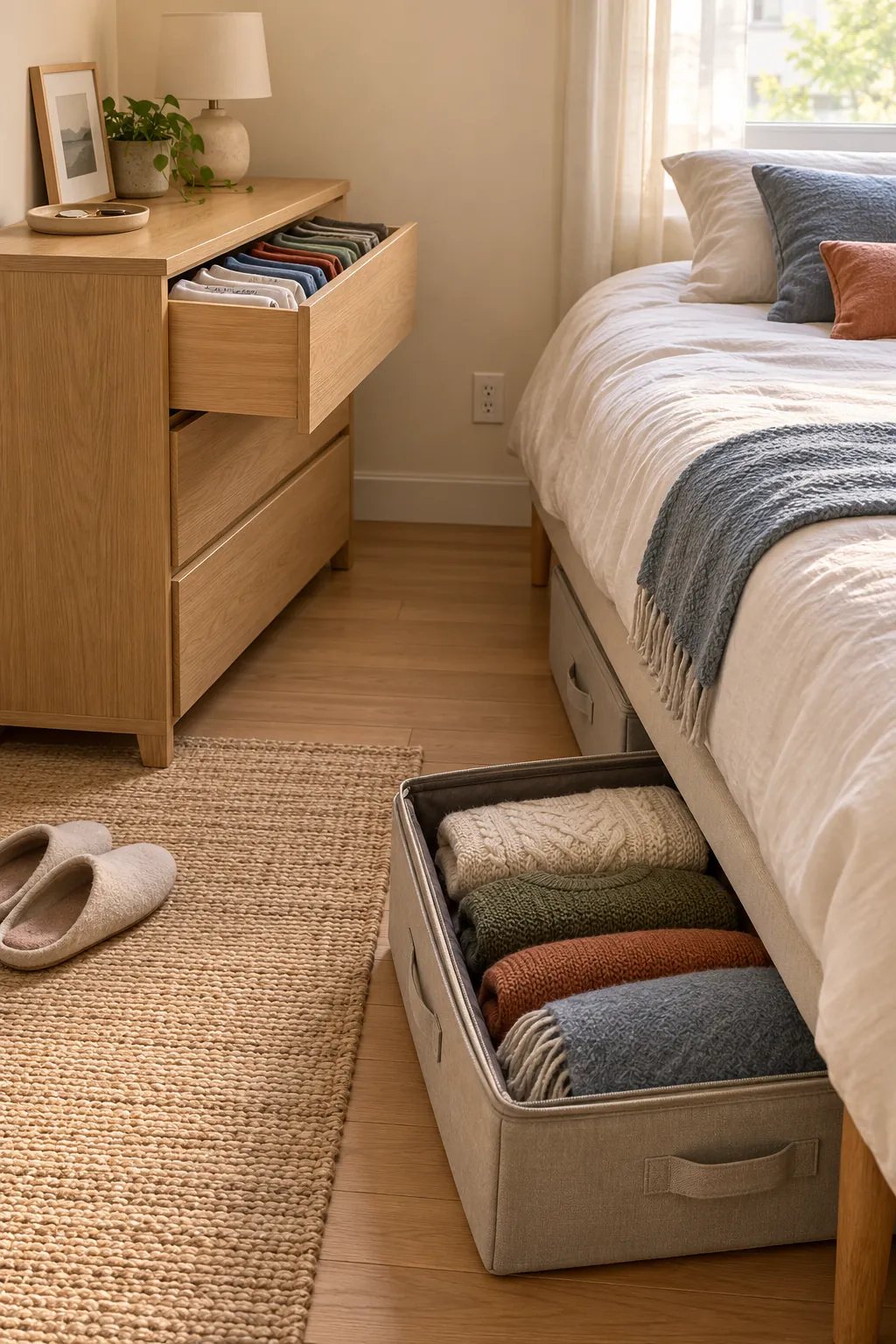 Low dresser and under bed bins storing folded clothes