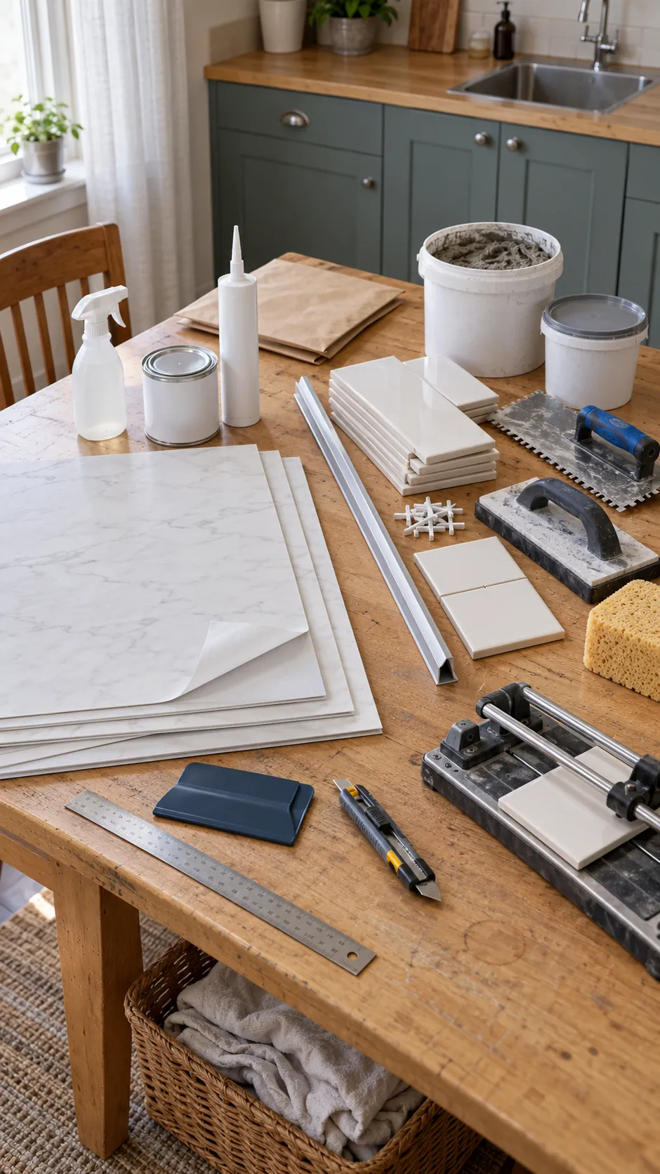 Peel and stick backsplash sheets compared with ceramic tile and installation supplies