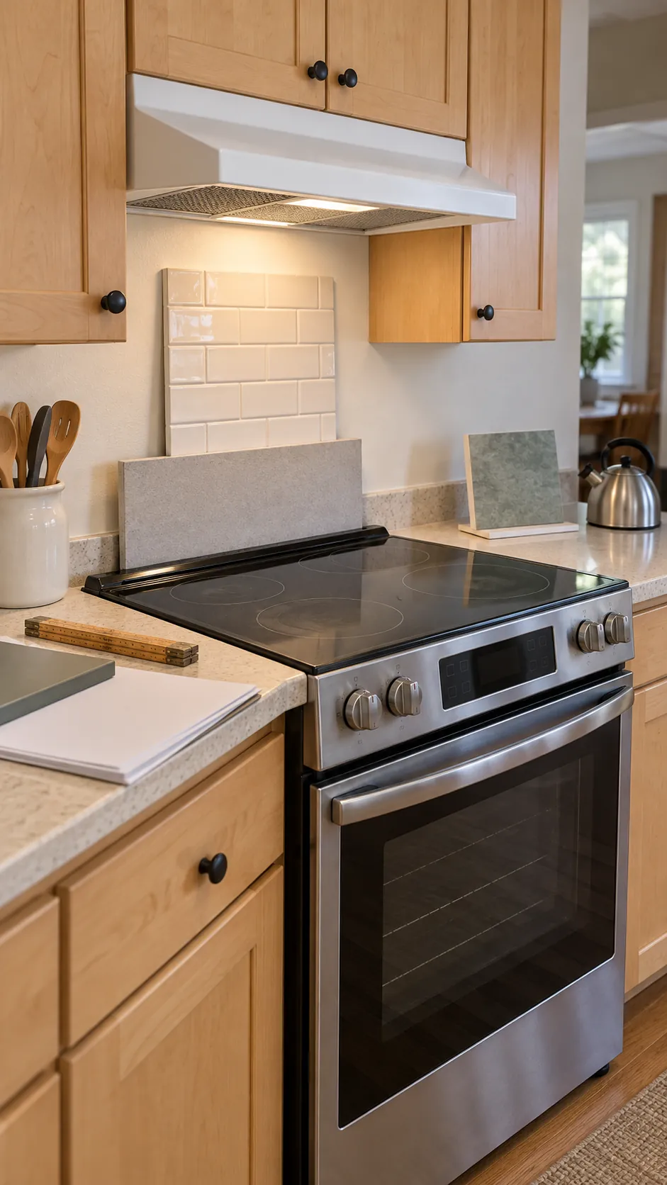 Kitchen range backsplash planning with safe clearances and material samples