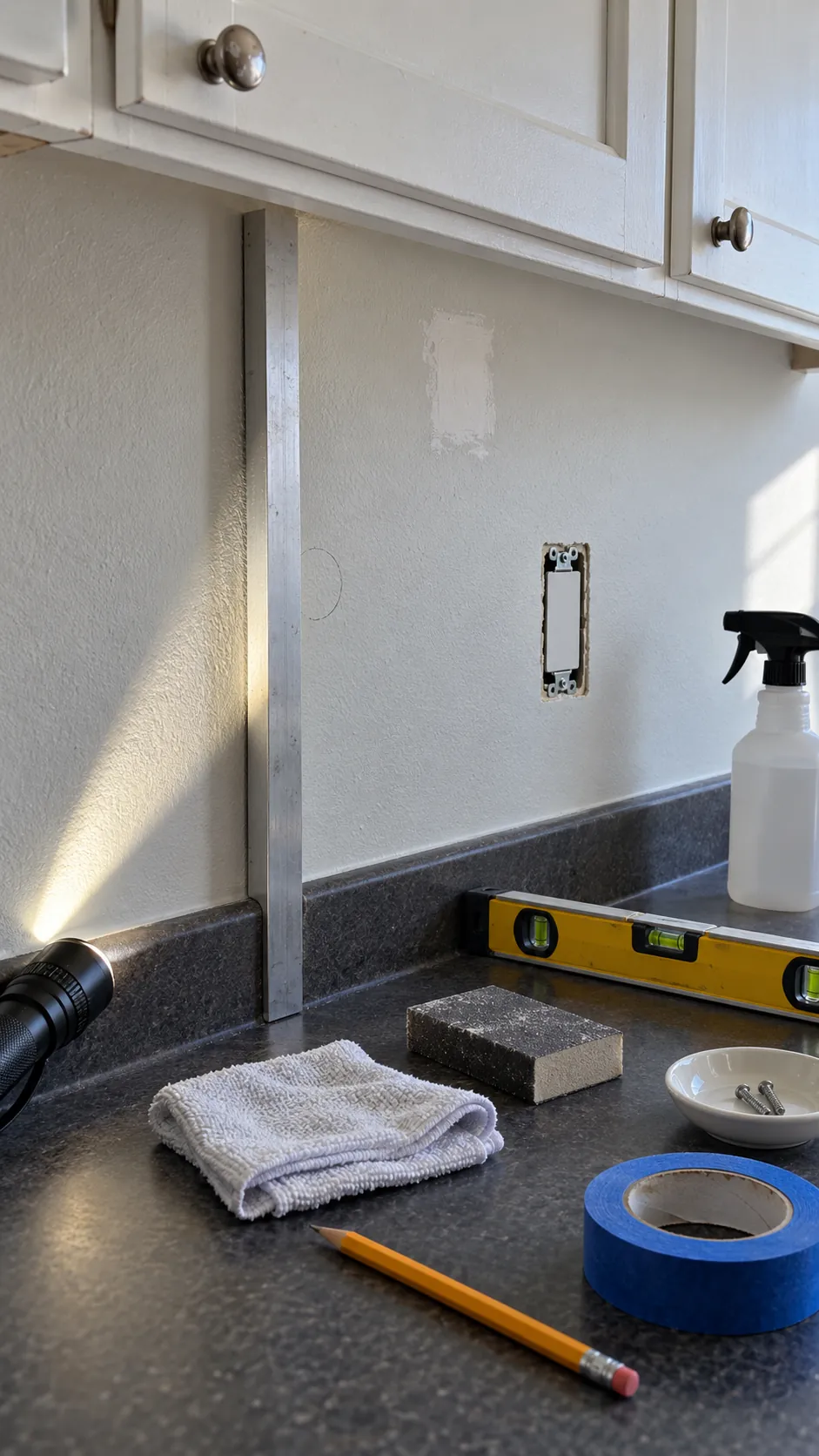 Clean kitchen backsplash wall checked with a straightedge before installation