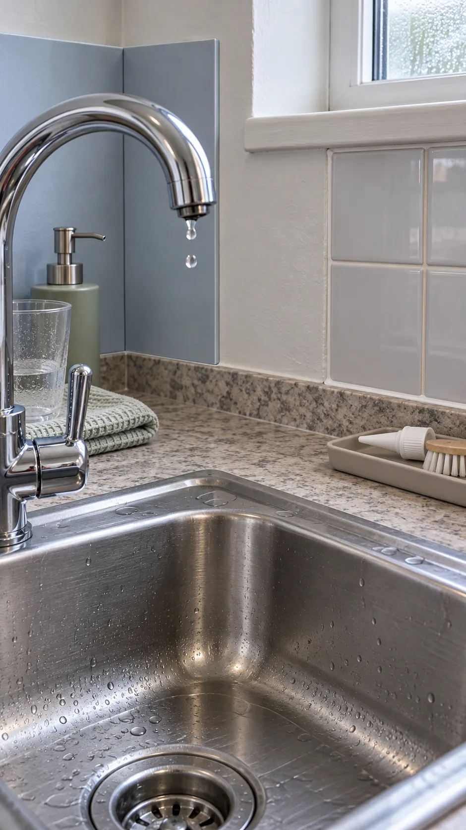 Detailed sink backsplash edges showing sealed panel seams and ceramic grout joints