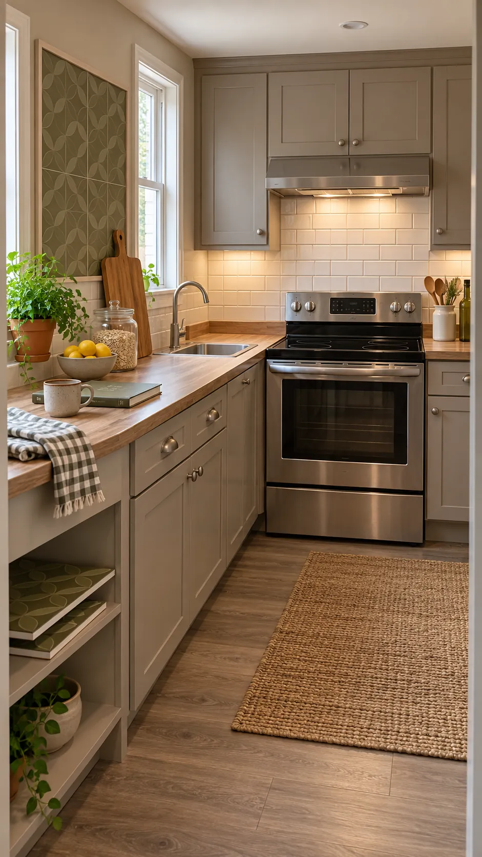 Finished modest kitchen comparing peel and stick panels with permanent ceramic tile zones
