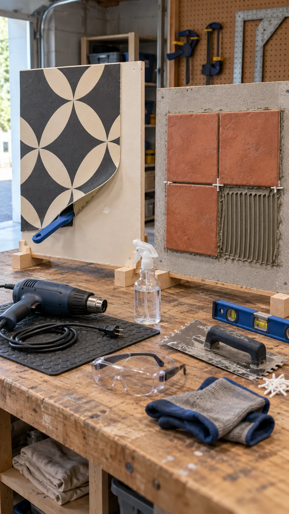 Backsplash removal test panel beside ceramic tile installation tools