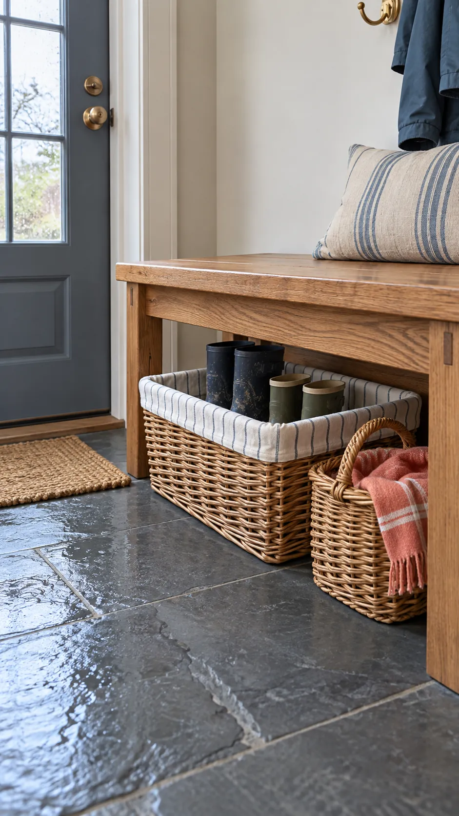 Woven baskets organizing shoes and light spring accessories under an entry bench