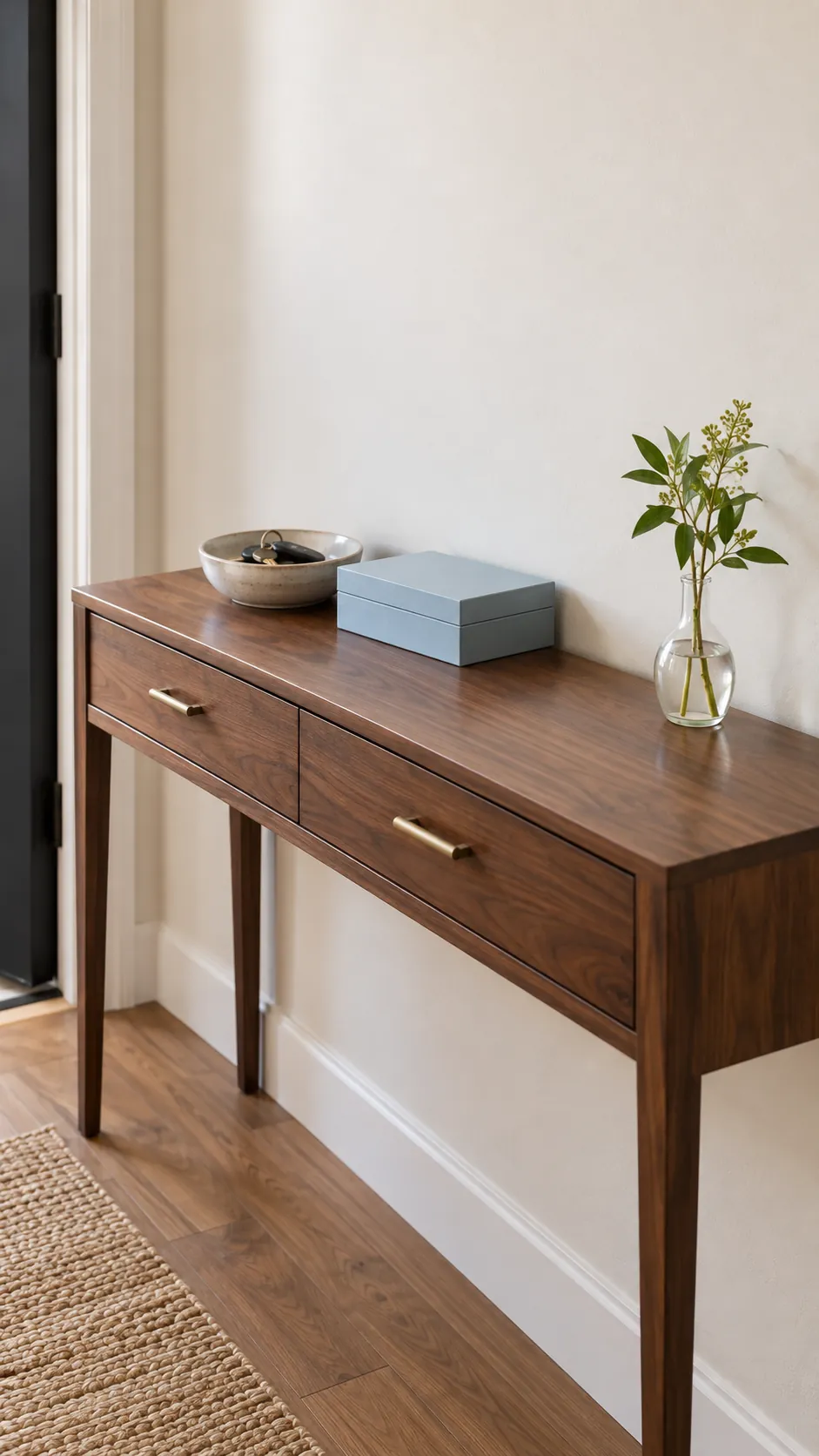 Clear spring entryway console with a key bowl and closed storage box