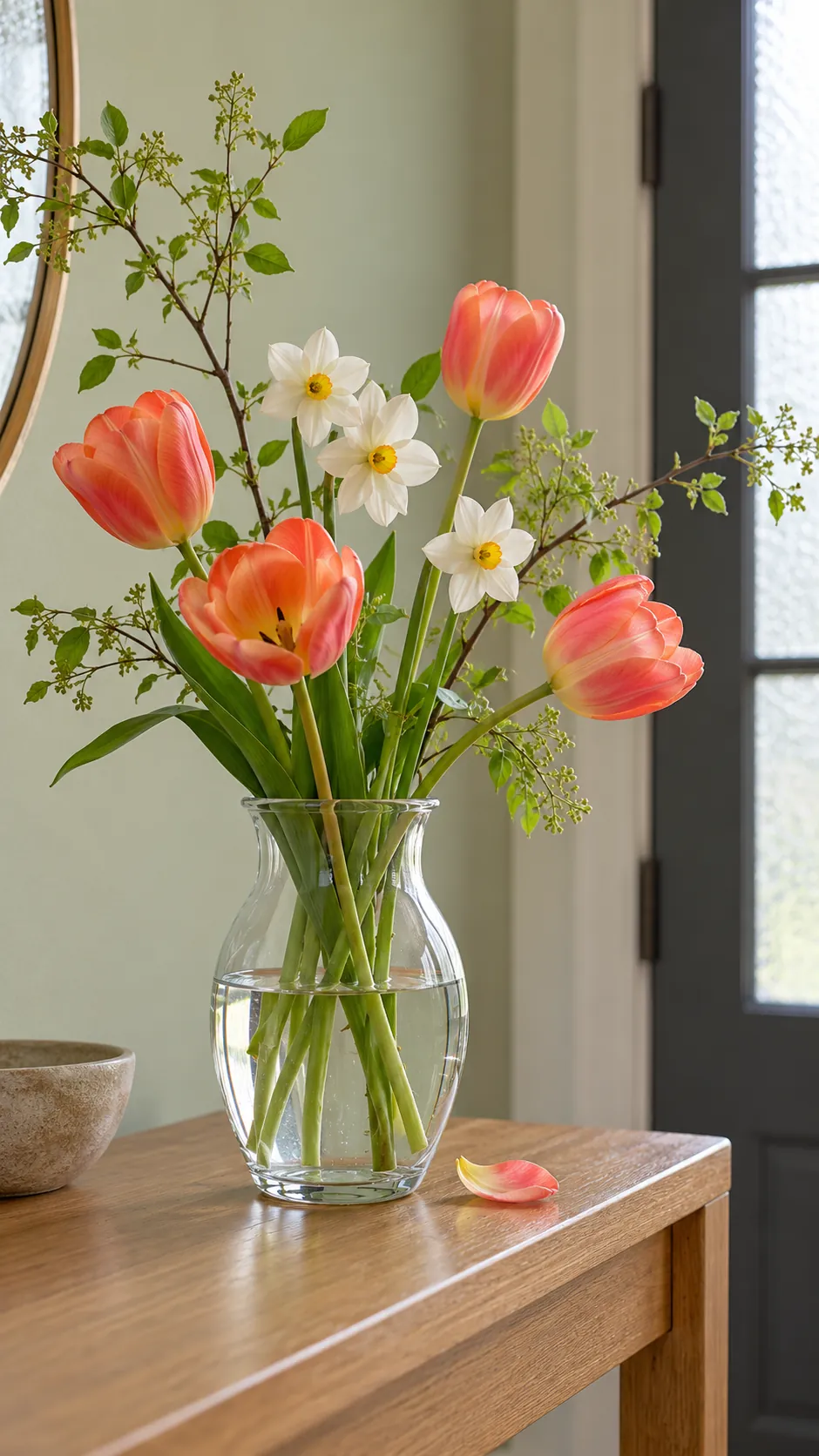 Loose spring flowers in a stable vase on a narrow entryway console