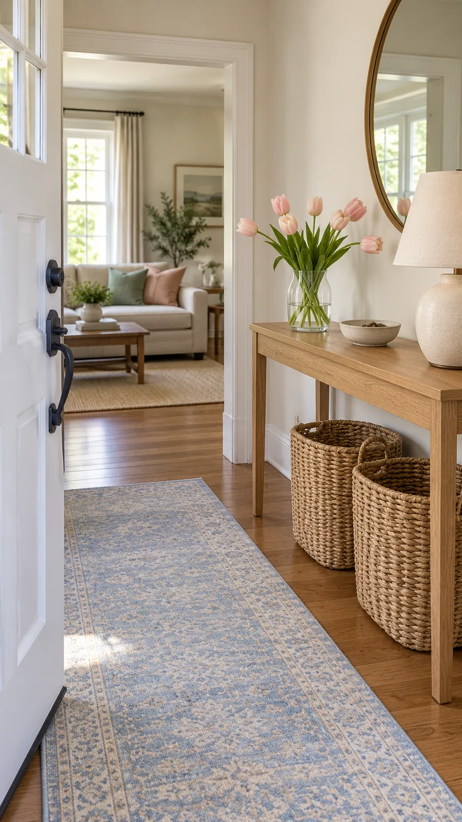 Spring entryway with flowers, woven baskets, and soft colors