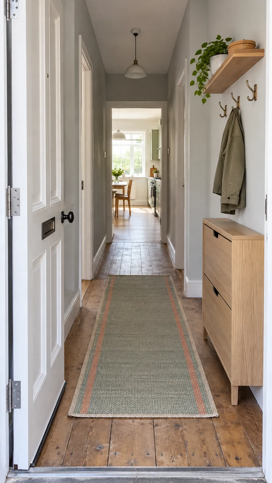 Narrow spring entryway with a clear walking path and secure runner