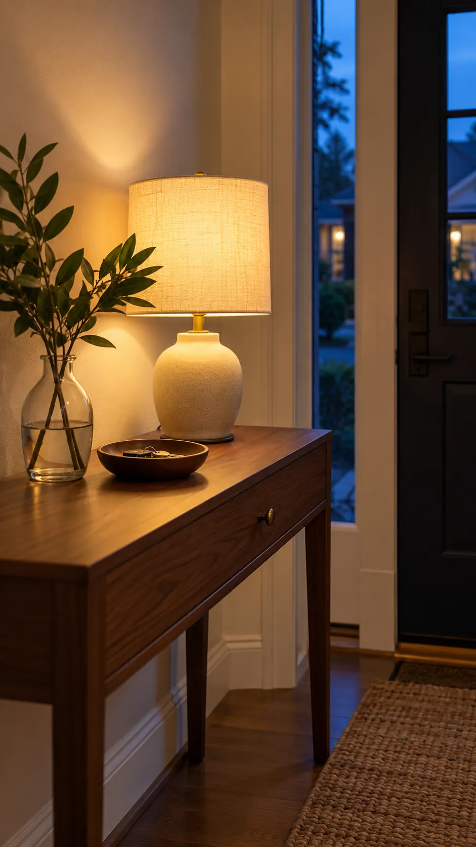 Small shaded lamp creating warm evening light in a tidy spring entryway