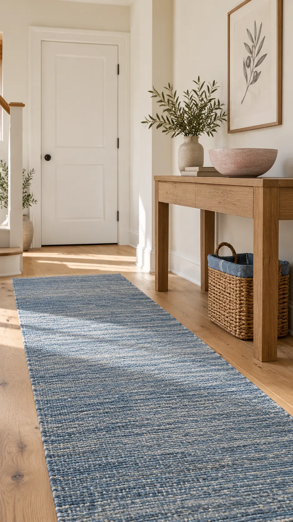 Soft blue and blush accents layered with warm wood in a spring foyer