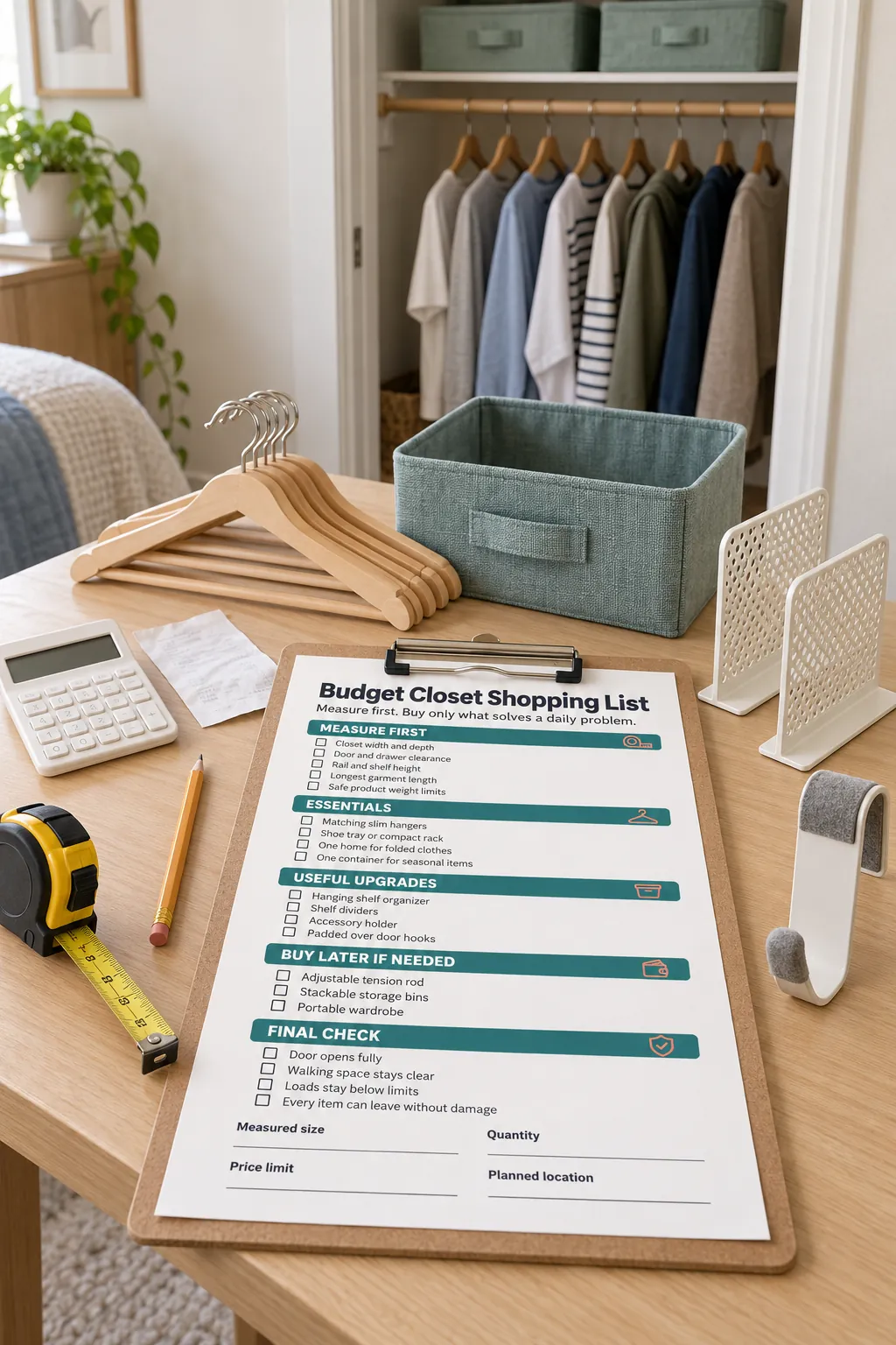 Budget closet organization checklist beside renter friendly storage supplies