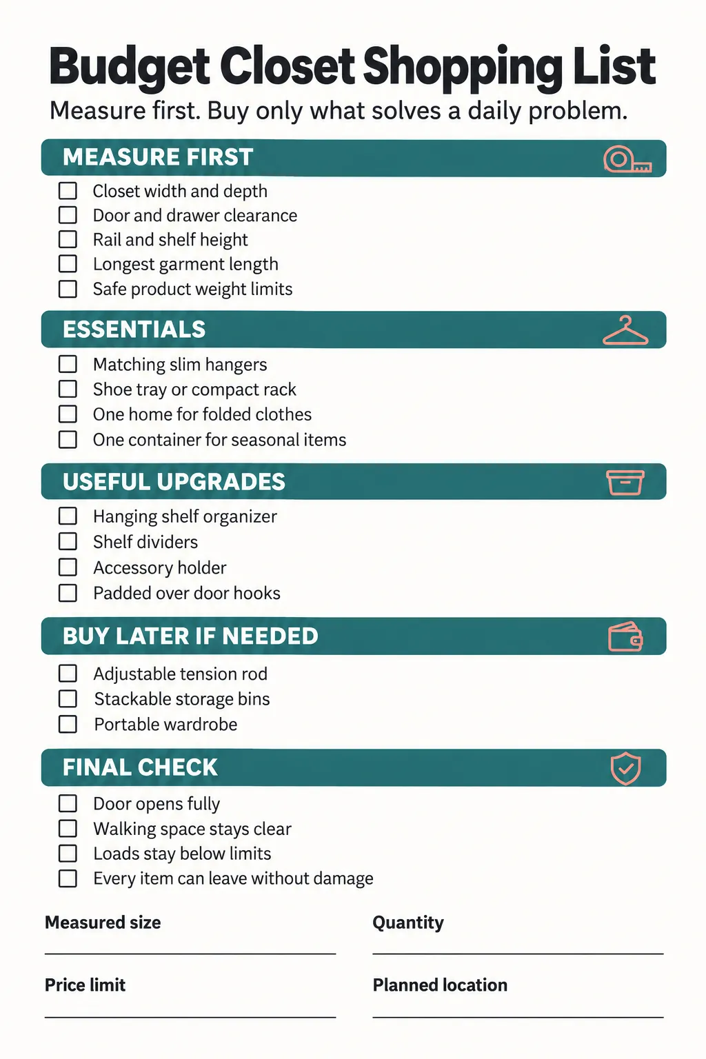 Printable budget closet organization shopping list for renters