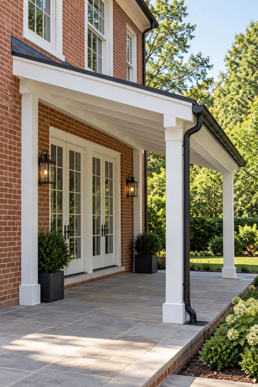 Attached pergola with sloped shed roof and gutter
