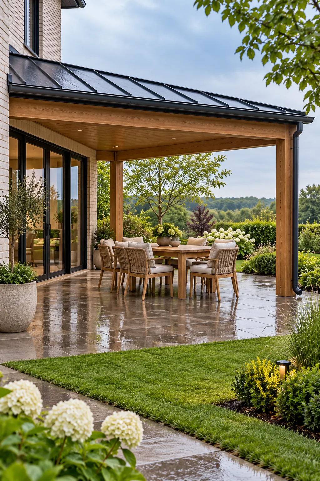 Modern roofed pergola sheltering an outdoor dining area