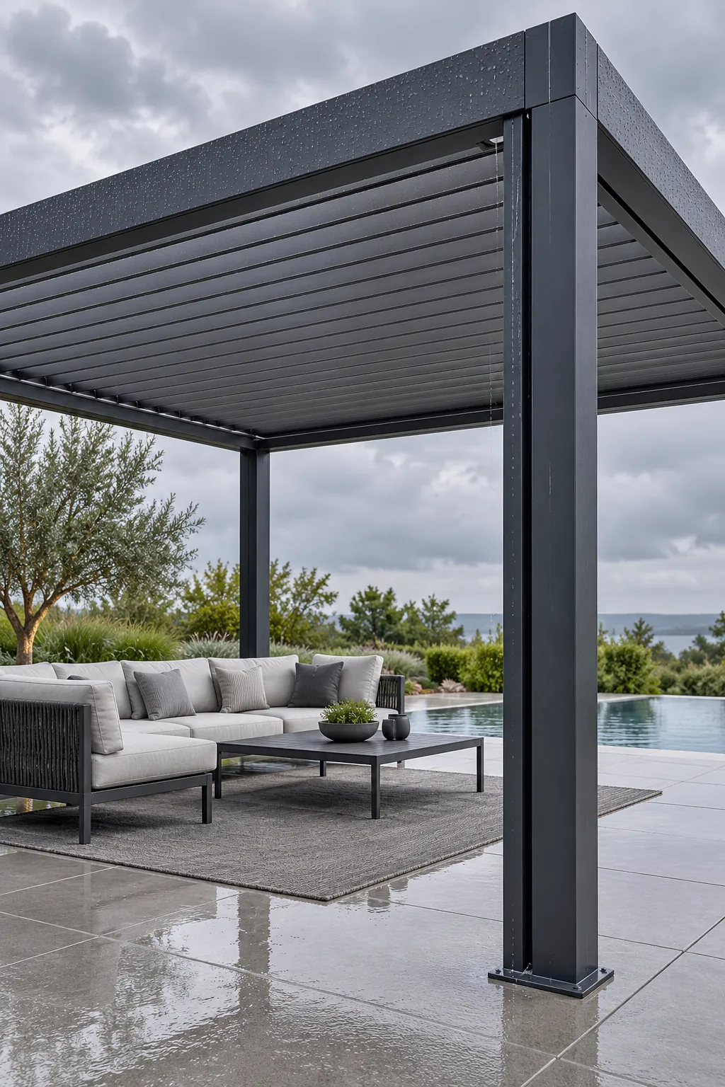 Modern pergola with adjustable aluminum louver roof