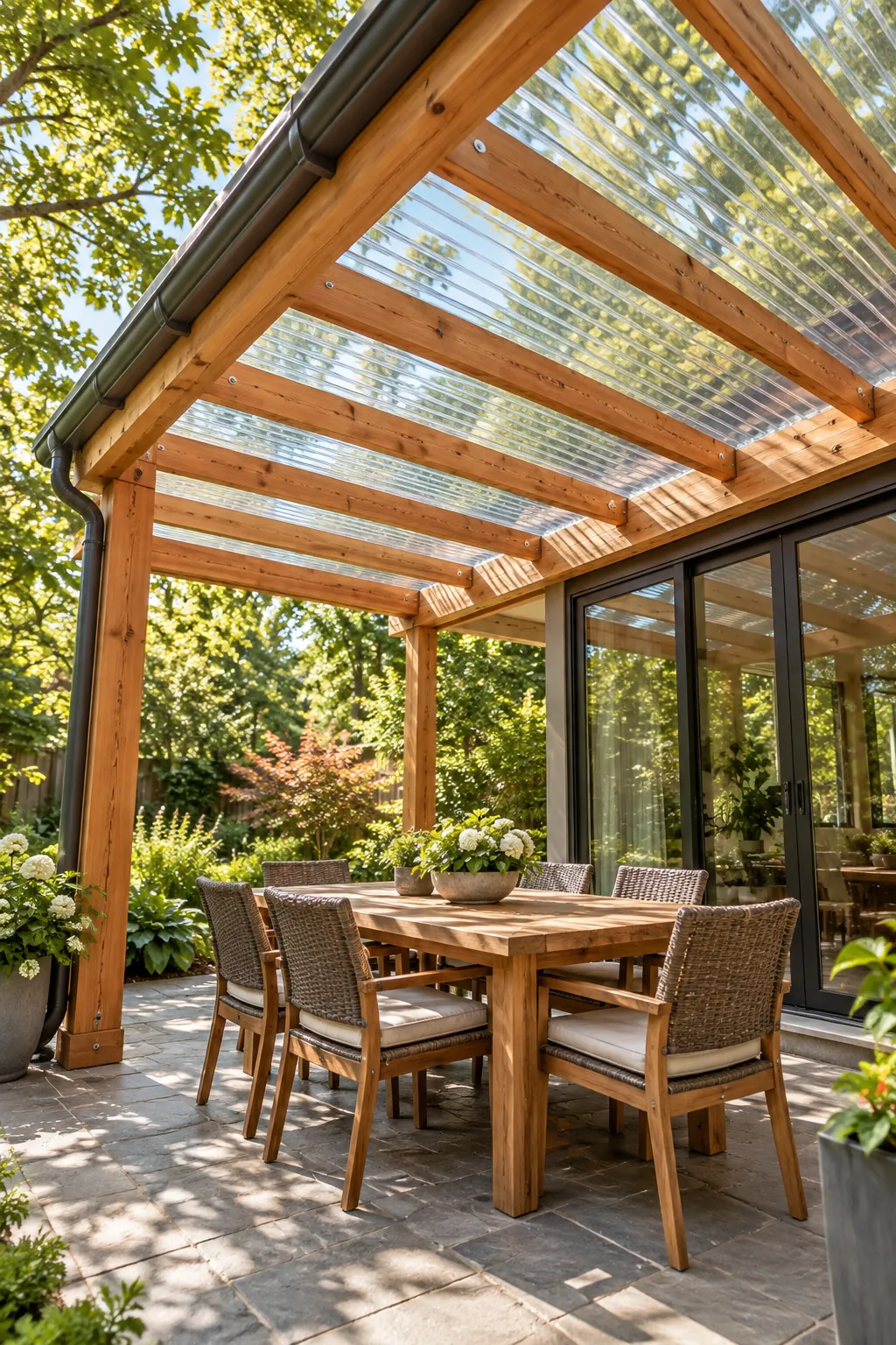 Cedar pergola with clear polycarbonate roof panels
