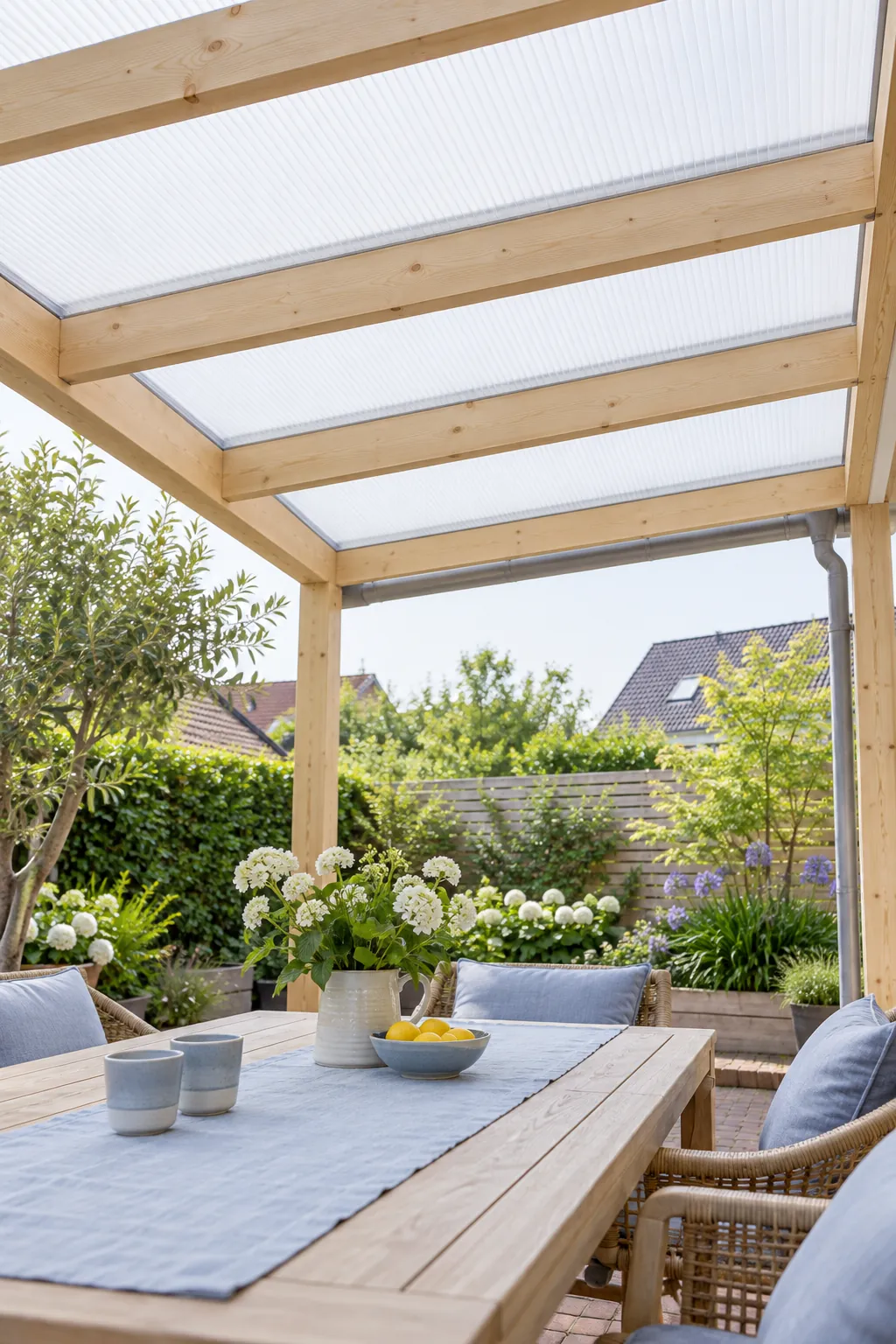 Pergola with softly glowing opal twin wall roof