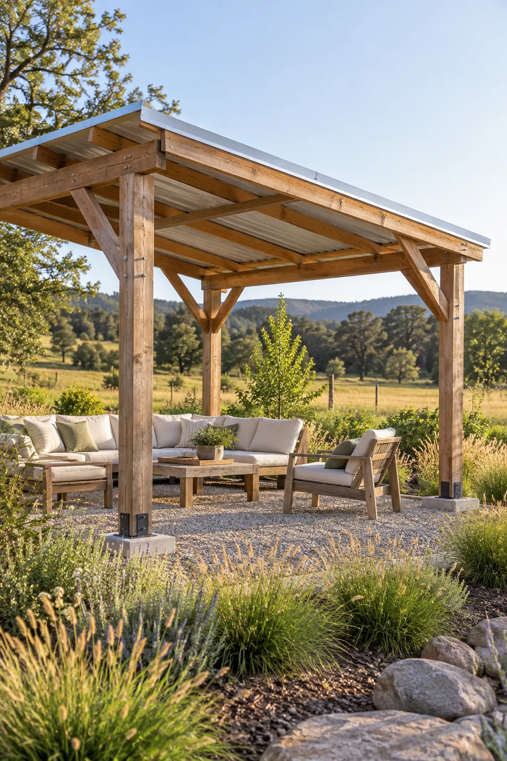 Freestanding pergola with light steel panel roof