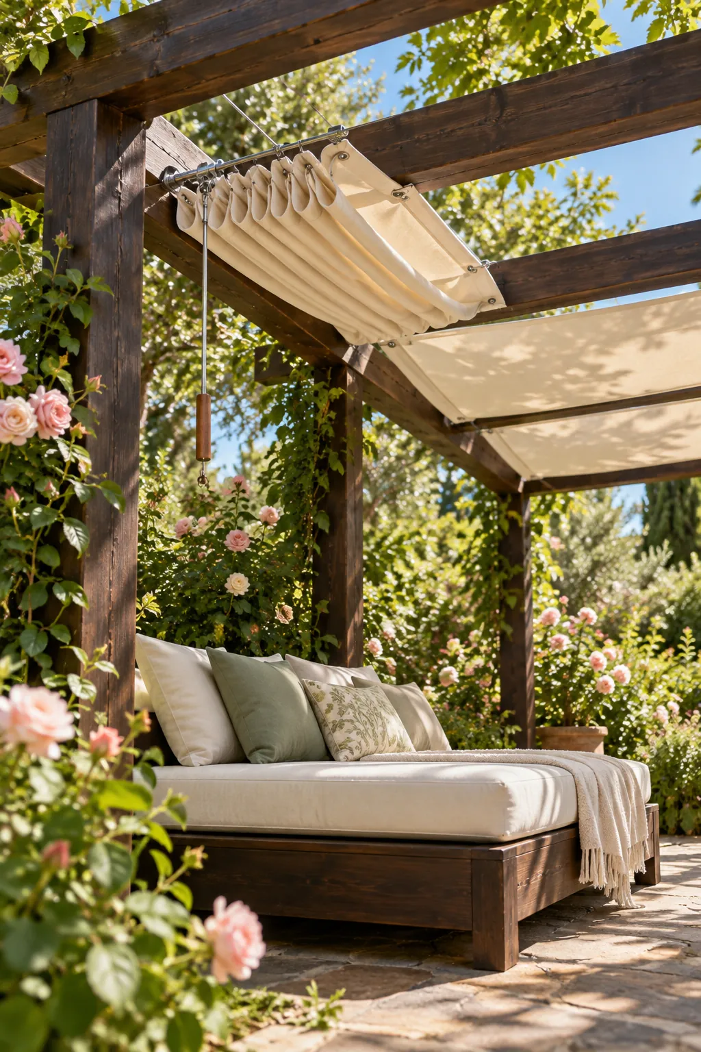 Wood pergola with retractable cream fabric canopy