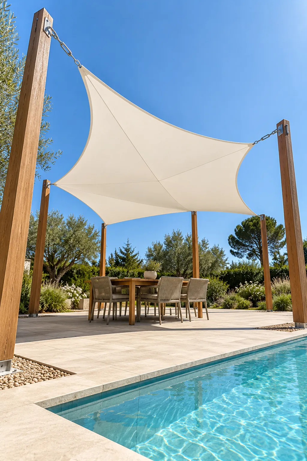 Pergola with sloped tensioned waterproof canopy