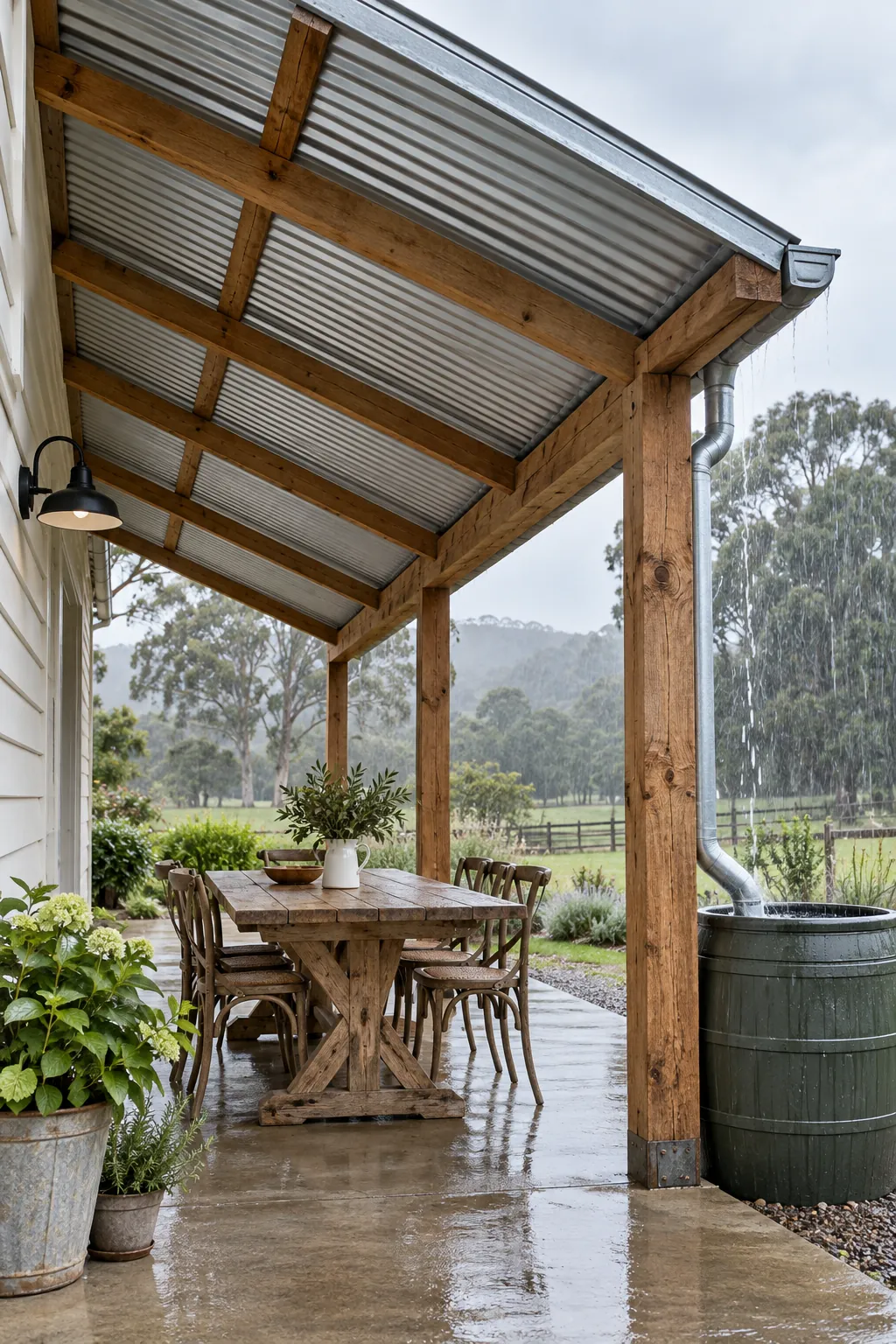 Timber pergola with corrugated metal roof