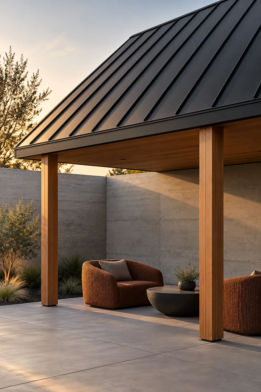 Architectural pergola with dark standing seam roof