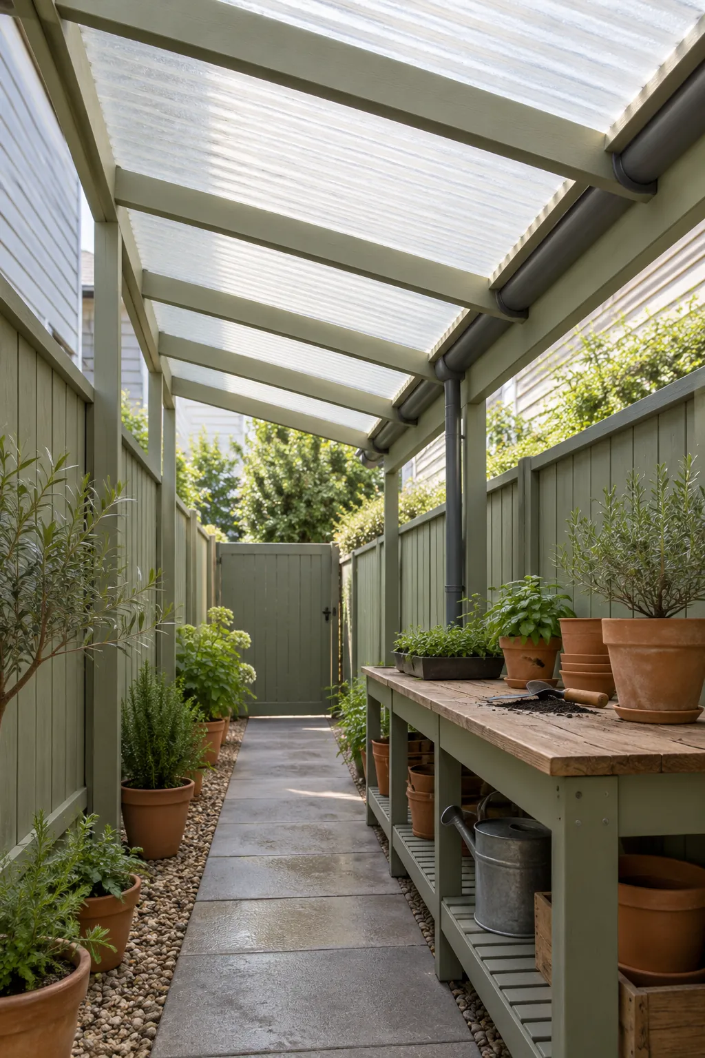 Side yard pergola with translucent fiberglass roofing