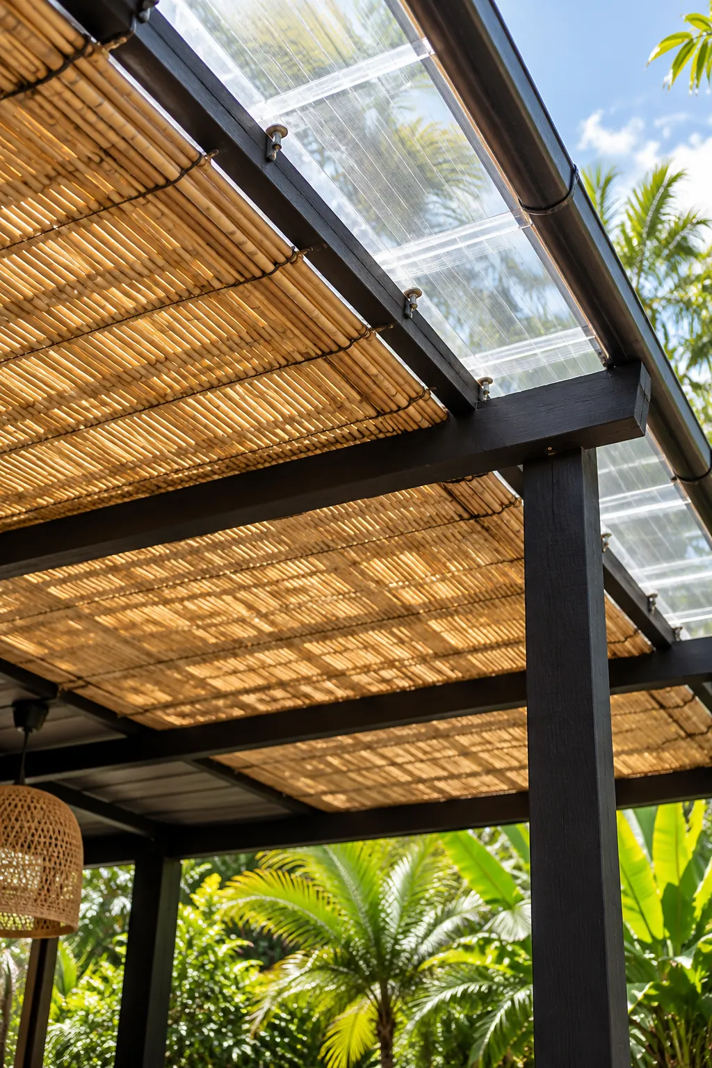 Pergola with bamboo shade layer beneath clear roof