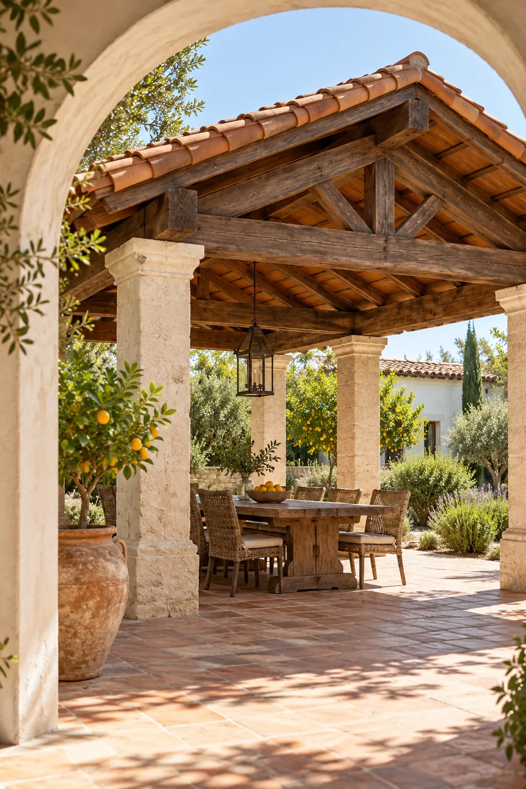 Mediterranean pergola with terracotta tile roof