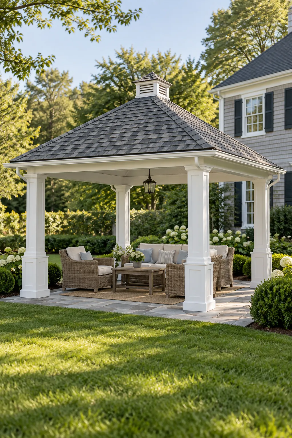 Traditional pergola pavilion with shingle roof