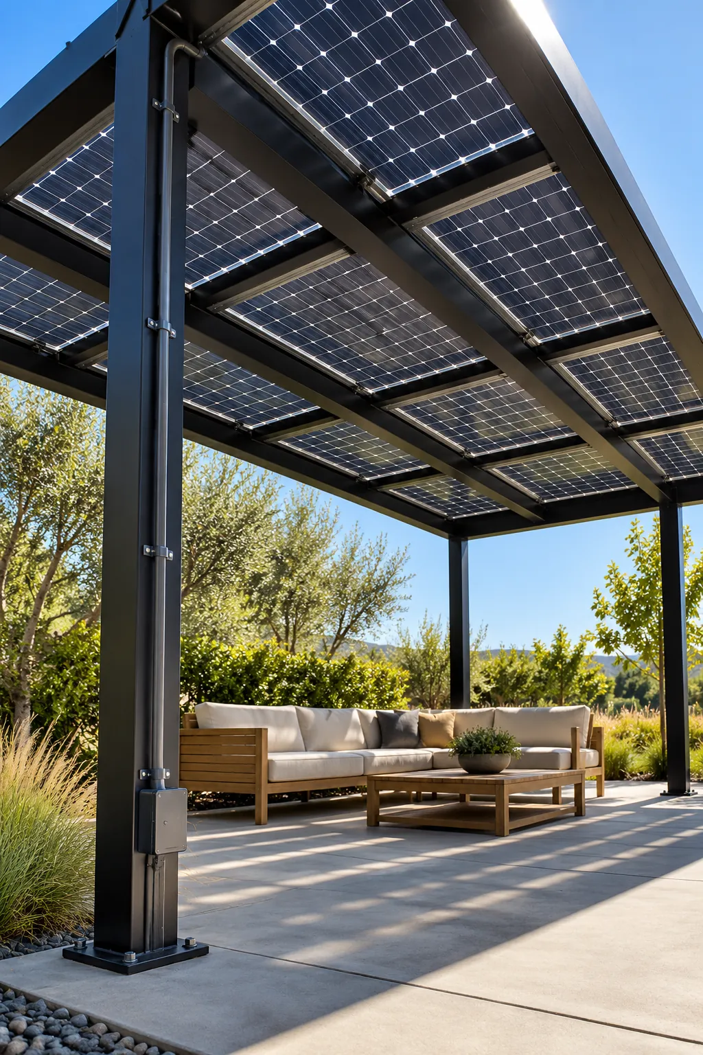 Modern pergola roof fitted with solar panels