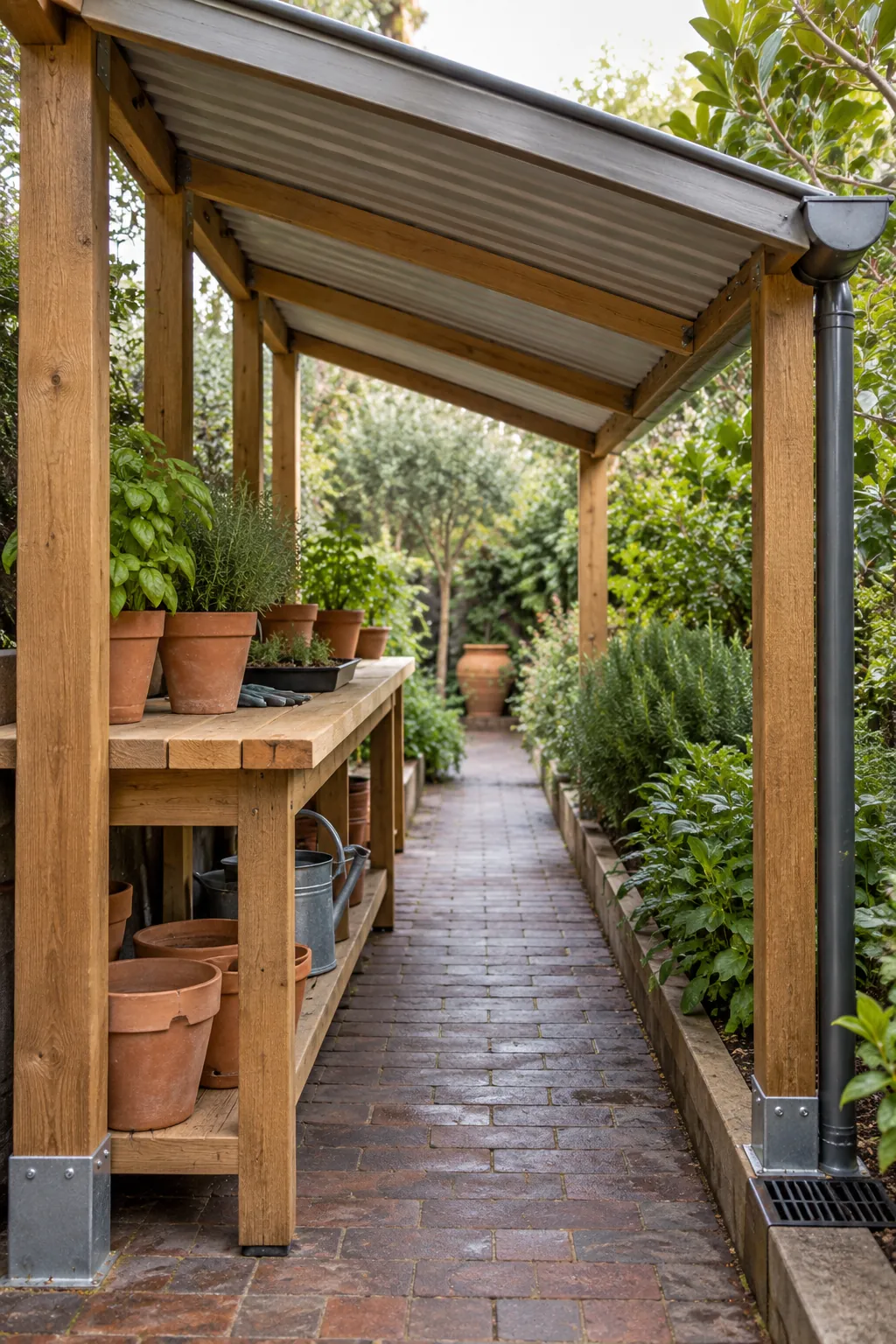 Narrow lean to pergola roof along a garden wall
